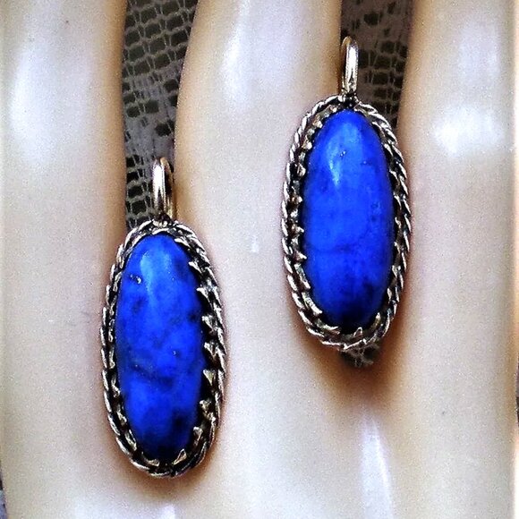 Vintage Solid 14K Yellow Gold Blue Lapis Lazuli Dangle Drop Pierced Earrings - Picture 4 of 7